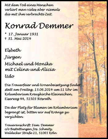 Anzeige von Konrad Demmer von Kölner Stadt-Anzeiger / Kölnische Rundschau / Express