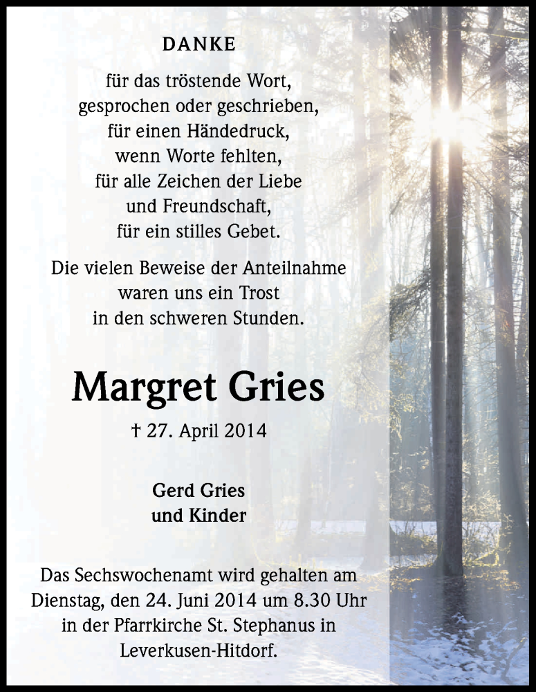  Traueranzeige für Margret Gries vom 07.06.2014 aus Kölner Stadt-Anzeiger / Kölnische Rundschau / Express