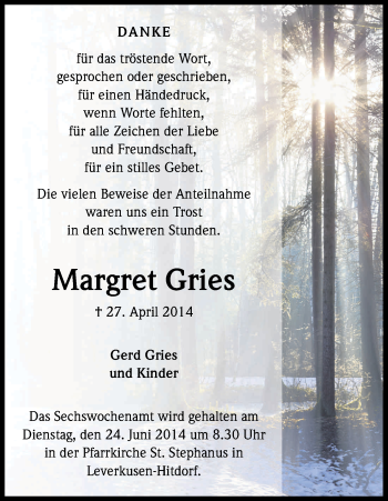 Anzeige von Margret Gries von Kölner Stadt-Anzeiger / Kölnische Rundschau / Express