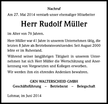 Anzeige von Rudolf Müller von Kölner Stadt-Anzeiger / Kölnische Rundschau / Express