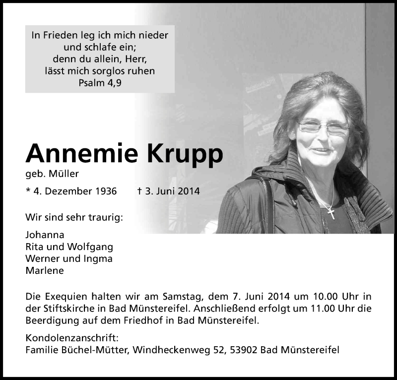  Traueranzeige für Annemie Krupp vom 06.06.2014 aus Kölner Stadt-Anzeiger / Kölnische Rundschau / Express