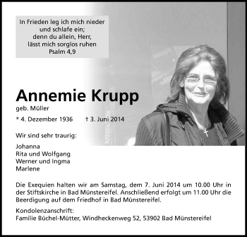 Anzeige von Annemie Krupp von Kölner Stadt-Anzeiger / Kölnische Rundschau / Express