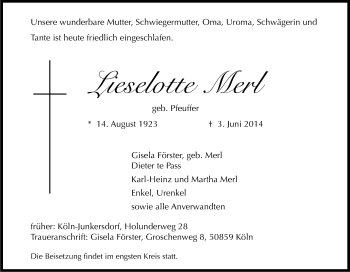 Anzeige von Lieselotte Merl von Kölner Stadt-Anzeiger / Kölnische Rundschau / Express