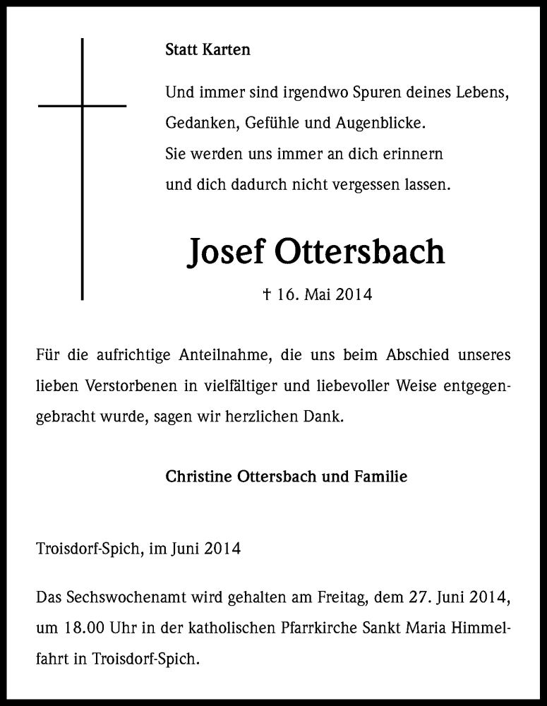  Traueranzeige für Josef Ottersbach vom 21.06.2014 aus Kölner Stadt-Anzeiger / Kölnische Rundschau / Express