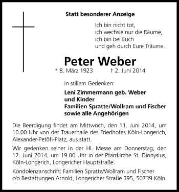 Anzeige von Peter Weber von Kölner Stadt-Anzeiger / Kölnische Rundschau / Express