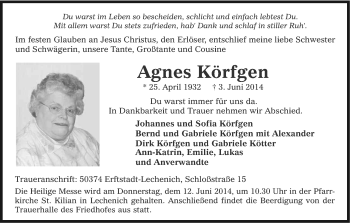 Anzeige von Agnes Körfgen von Kölner Stadt-Anzeiger / Kölnische Rundschau / Express