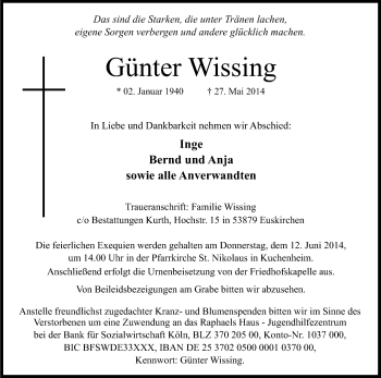 Anzeige von Günter Wissing von Kölner Stadt-Anzeiger / Kölnische Rundschau / Express