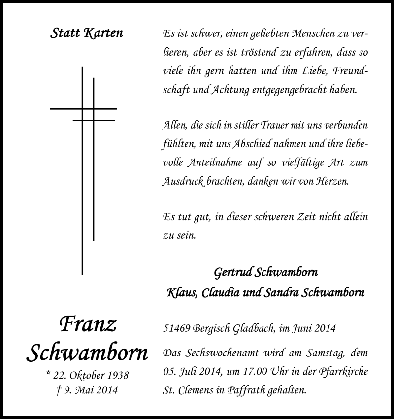  Traueranzeige für Franz Schwamborn vom 28.06.2014 aus Kölner Stadt-Anzeiger / Kölnische Rundschau / Express