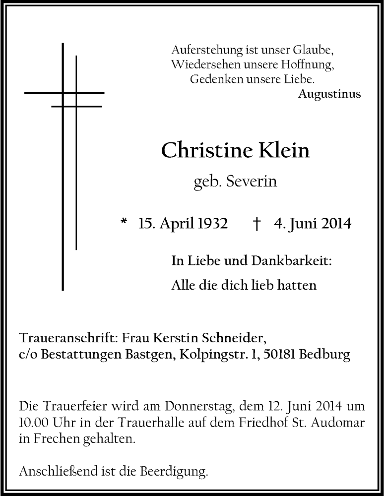  Traueranzeige für Christine Klein vom 07.06.2014 aus Kölner Stadt-Anzeiger / Kölnische Rundschau / Express