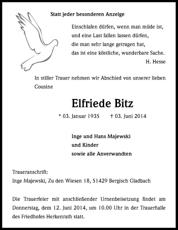 Anzeige von Elfriede Bitz von Kölner Stadt-Anzeiger / Kölnische Rundschau / Express