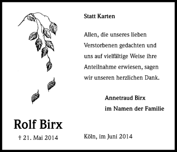 Anzeige von Rolf Birx von Kölner Stadt-Anzeiger / Kölnische Rundschau / Express