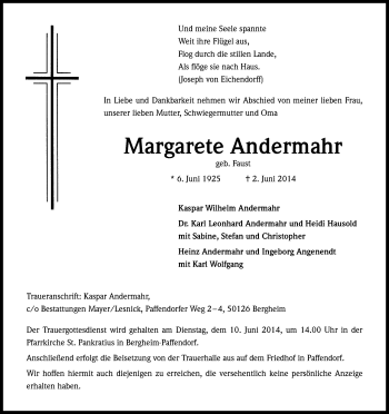 Anzeige von Margarete Andermahr von Kölner Stadt-Anzeiger / Kölnische Rundschau / Express