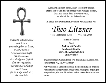 Anzeige von Theo Litzner von Kölner Stadt-Anzeiger / Kölnische Rundschau / Express
