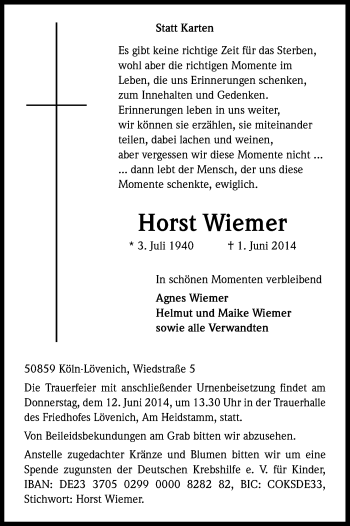 Anzeige von Horst Wiemer von Kölner Stadt-Anzeiger / Kölnische Rundschau / Express