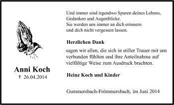 Anzeige von Anni Koch von Kölner Stadt-Anzeiger / Kölnische Rundschau / Express