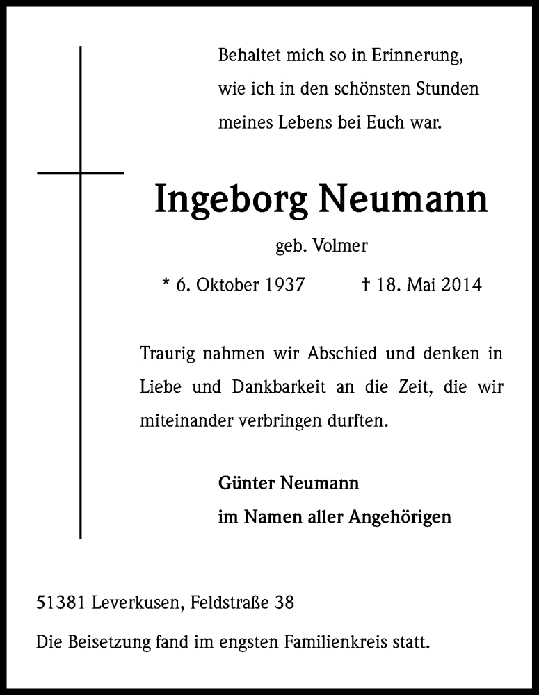  Traueranzeige für Ingeborg Neumann vom 07.06.2014 aus Kölner Stadt-Anzeiger / Kölnische Rundschau / Express