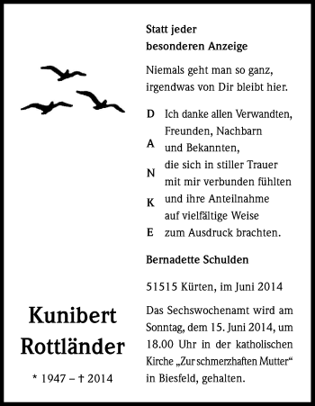 Anzeige von Kunibert Rottländer von Kölner Stadt-Anzeiger / Kölnische Rundschau / Express