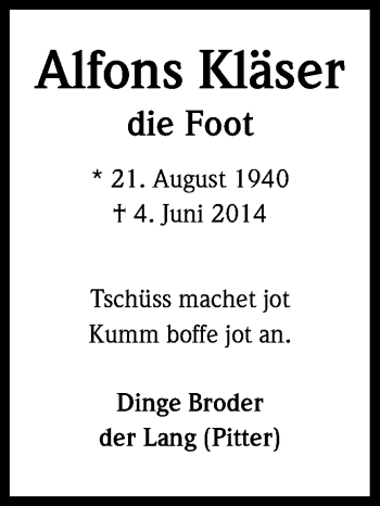 Anzeige von Alfons Kläser von Kölner Stadt-Anzeiger / Kölnische Rundschau / Express