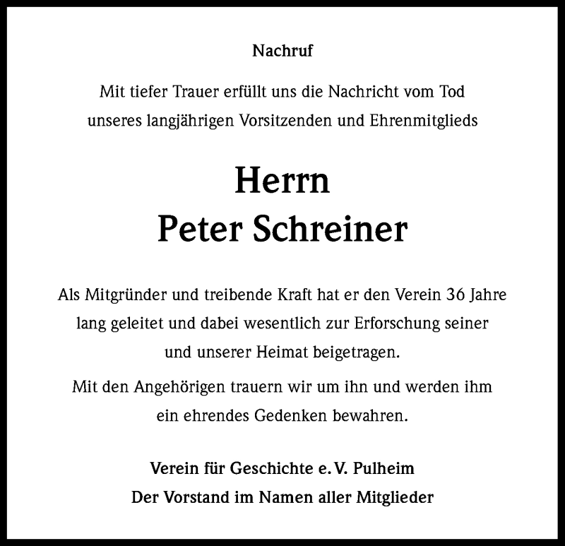  Traueranzeige für Peter Schreiner vom 07.06.2014 aus Kölner Stadt-Anzeiger / Kölnische Rundschau / Express