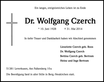 Anzeige von Wolfgang Czerch von Kölner Stadt-Anzeiger / Kölnische Rundschau / Express