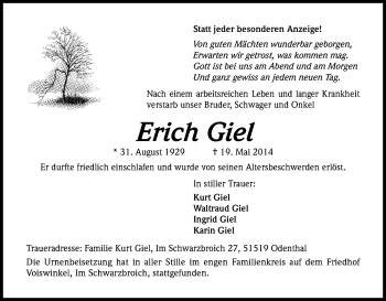 Anzeige von Erich Giel von Kölner Stadt-Anzeiger / Kölnische Rundschau / Express