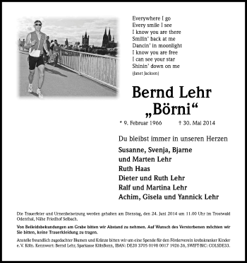 Anzeige von Bernd Lehr von Kölner Stadt-Anzeiger / Kölnische Rundschau / Express