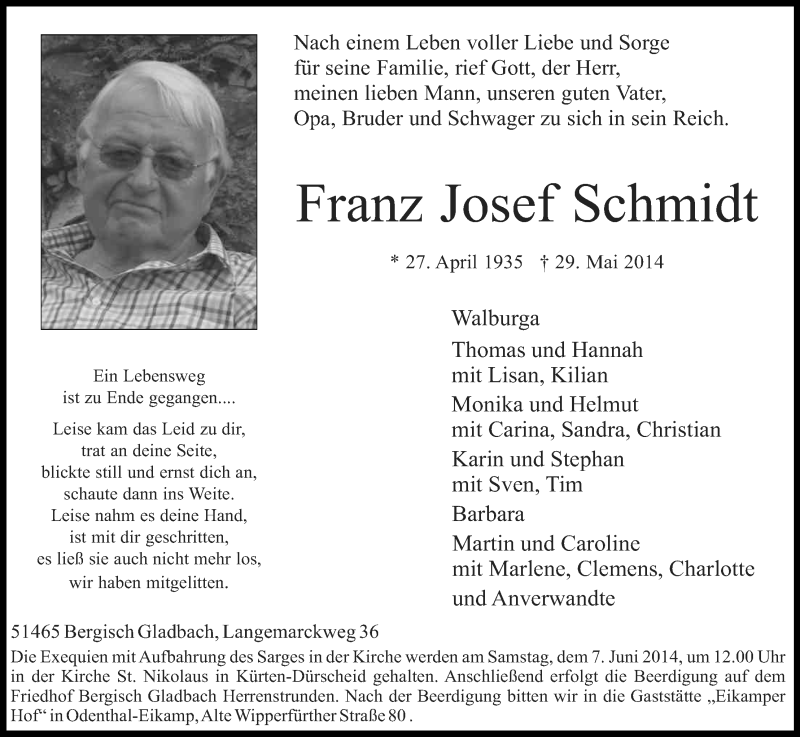  Traueranzeige für Franz Josef Schmidt vom 07.06.2014 aus Kölner Stadt-Anzeiger / Kölnische Rundschau / Express