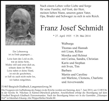 Anzeige von Franz Josef Schmidt von Kölner Stadt-Anzeiger / Kölnische Rundschau / Express