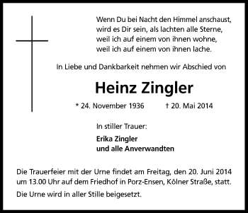 Anzeige von Heinz Zingler von Kölner Stadt-Anzeiger / Kölnische Rundschau / Express