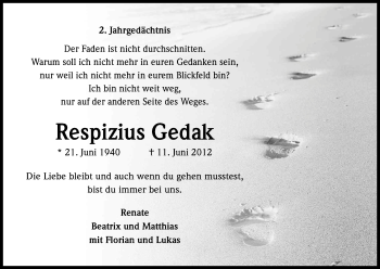Anzeige von Respizius Gedak von Kölner Stadt-Anzeiger / Kölnische Rundschau / Express