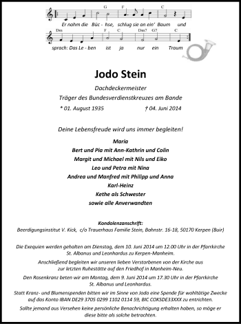 Anzeige von Jodo Stein von Kölner Stadt-Anzeiger / Kölnische Rundschau / Express
