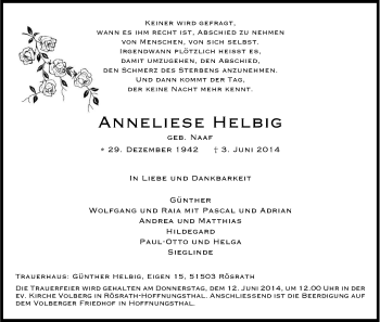 Anzeige von Anneliese Helbig von Kölner Stadt-Anzeiger / Kölnische Rundschau / Express
