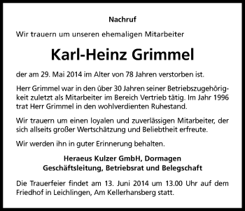 Anzeige von Karl-Heinz Grimmel von Kölner Stadt-Anzeiger / Kölnische Rundschau / Express