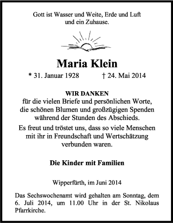 Anzeige von Maria Klein von Kölner Stadt-Anzeiger / Kölnische Rundschau / Express