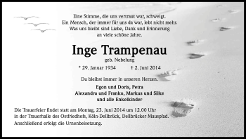Anzeige von Inge Trampenau von Kölner Stadt-Anzeiger / Kölnische Rundschau / Express