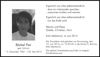 Anzeige von Bärbel Pier von Kölner Stadt-Anzeiger / Kölnische Rundschau / Express