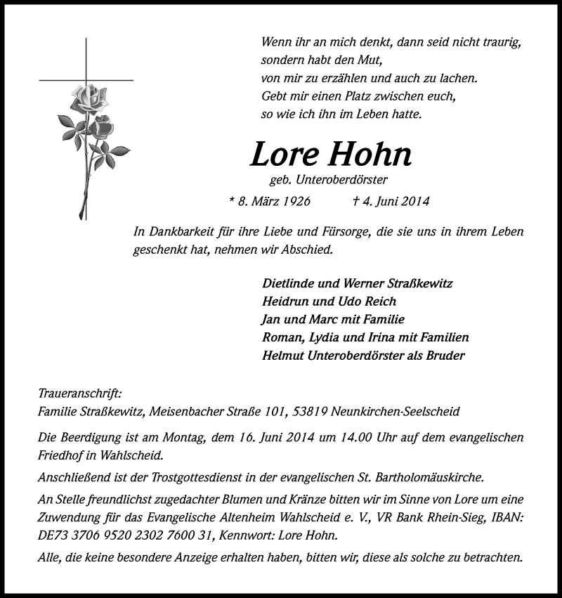  Traueranzeige für Lore Hohn vom 07.06.2014 aus Kölner Stadt-Anzeiger / Kölnische Rundschau / Express