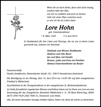 Anzeige von Lore Hohn von Kölner Stadt-Anzeiger / Kölnische Rundschau / Express