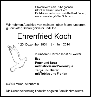 Anzeige von Ehrenfried Koch von Kölner Stadt-Anzeiger / Kölnische Rundschau / Express