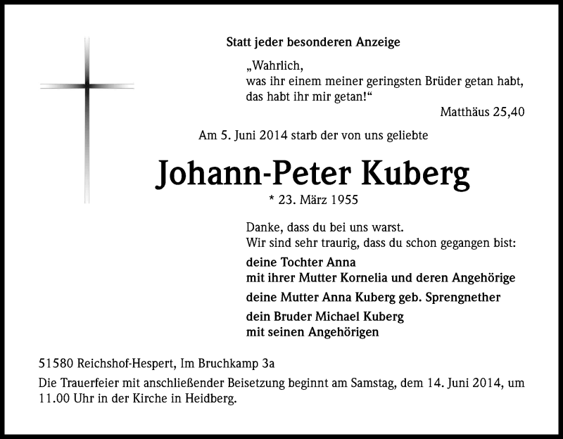  Traueranzeige für Johann-Peter Kuberg vom 07.06.2014 aus Kölner Stadt-Anzeiger / Kölnische Rundschau / Express