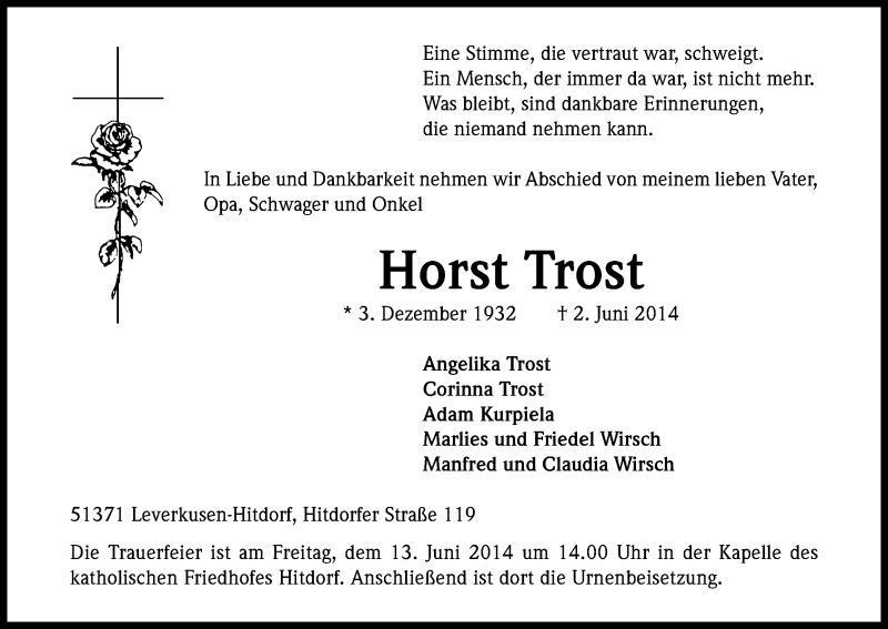  Traueranzeige für Horst Trost vom 07.06.2014 aus Kölner Stadt-Anzeiger / Kölnische Rundschau / Express