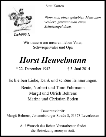 Anzeige von Horst Heuvelmann von Kölner Stadt-Anzeiger / Kölnische Rundschau / Express