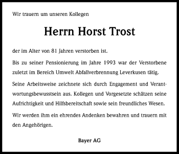 Anzeige von Horst Trost von Kölner Stadt-Anzeiger / Kölnische Rundschau / Express
