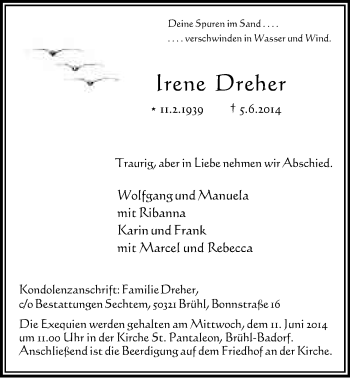 Anzeige von Irene Dreher von Kölner Stadt-Anzeiger / Kölnische Rundschau / Express