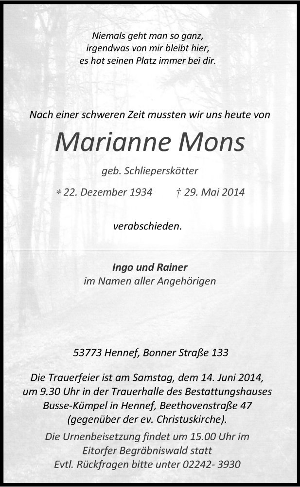  Traueranzeige für Marianne Mons vom 07.06.2014 aus Kölner Stadt-Anzeiger / Kölnische Rundschau / Express