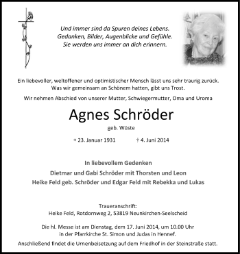 Anzeige von Agnes Schröder von Kölner Stadt-Anzeiger / Kölnische Rundschau / Express