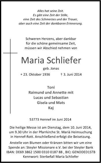 Anzeige von Maria Schliefer von Kölner Stadt-Anzeiger / Kölnische Rundschau / Express