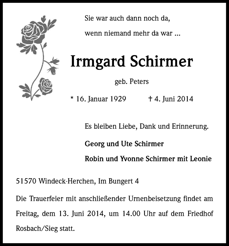  Traueranzeige für Irmgard Schirmer vom 07.06.2014 aus Kölner Stadt-Anzeiger / Kölnische Rundschau / Express