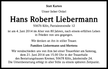 Anzeige von Hans Robert Liebermann von Kölner Stadt-Anzeiger / Kölnische Rundschau / Express