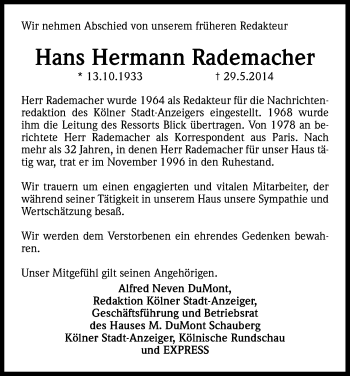 Anzeige von Hans Hermann Rademacher von Kölner Stadt-Anzeiger / Kölnische Rundschau / Express